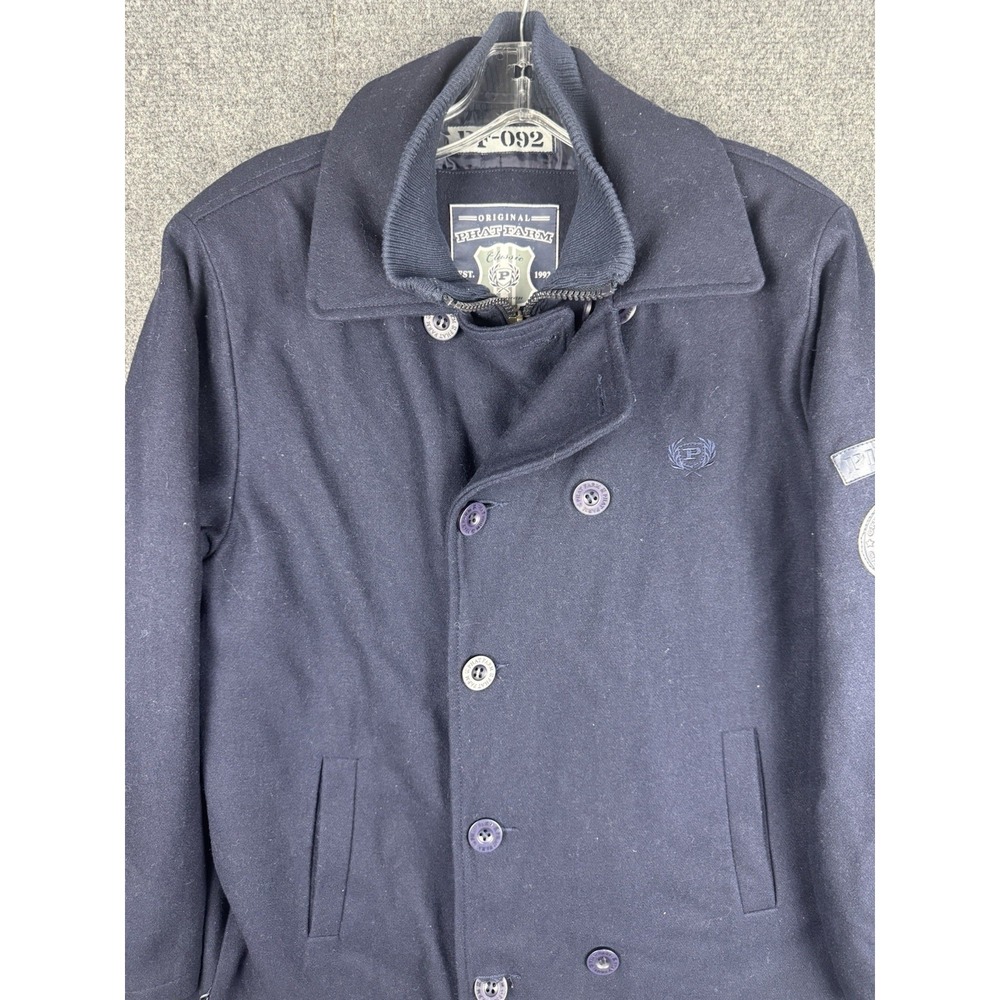 Vintage Phat Farm Double Breasted Pea Coat Wool Blend Full Zip Navy Y2K Vented - Picture 5 of 14